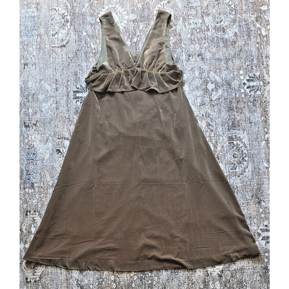 VTG Green Brown Velvet Deep V-Neck Ruffle Lined Pockets WhimsyGoth Fairy Dress - Picture 7 of 9
